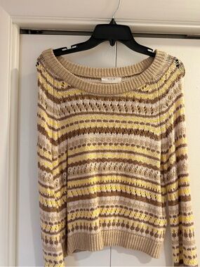 One Grey Day Beige & Yellow Striped Knit Sweater